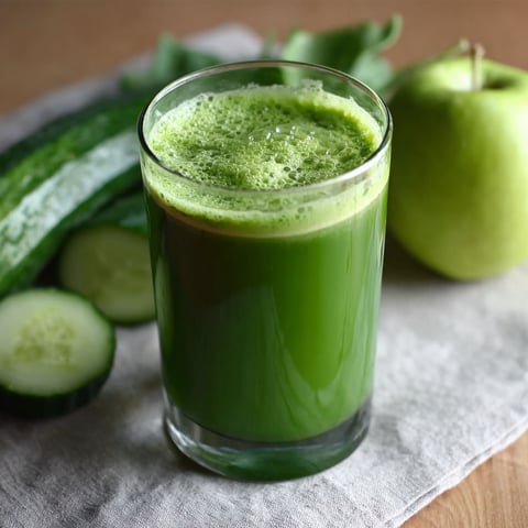 A glass of green detox juice with a cucumber and an apple.