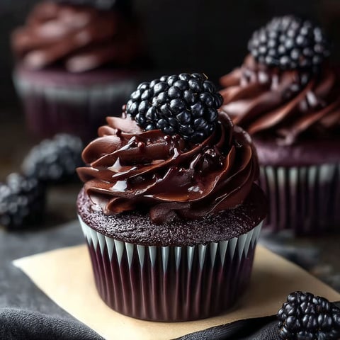 A cupcake with chocolate frosting and blackberries on top.