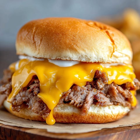 A sandwich with melted cheese and meat on a bun.