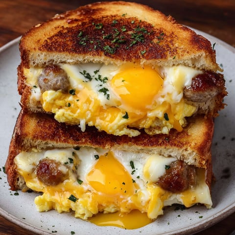 A breakfast sandwich with eggs and sausage.