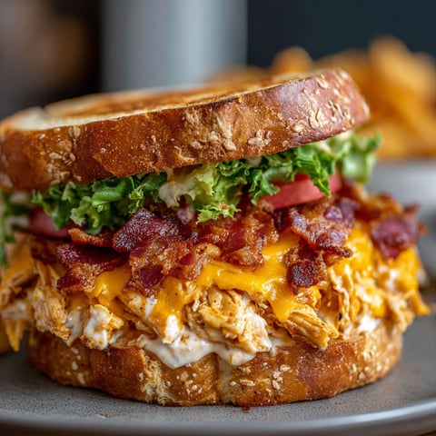 A sandwich with bacon, lettuce, tomato, and cheese.