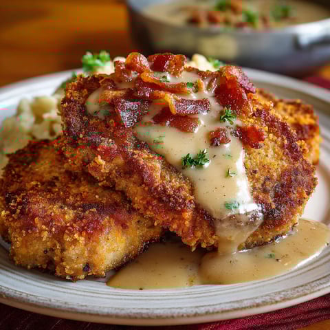 A plate of country fried steak with gravy.