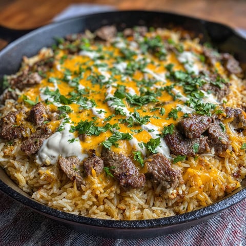 A skillet with a steak and cheese dish.