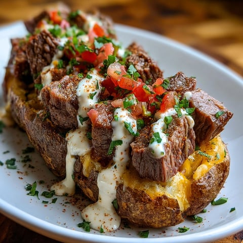 A loaded potato with meat and tomatoes.