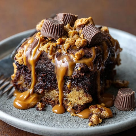 A slice of chocolate cake with peanut butter drizzled on top.