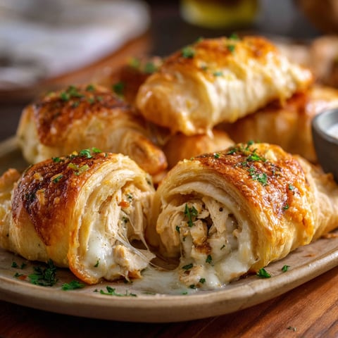 A plate of chicken and cheese wrapped in pastry.