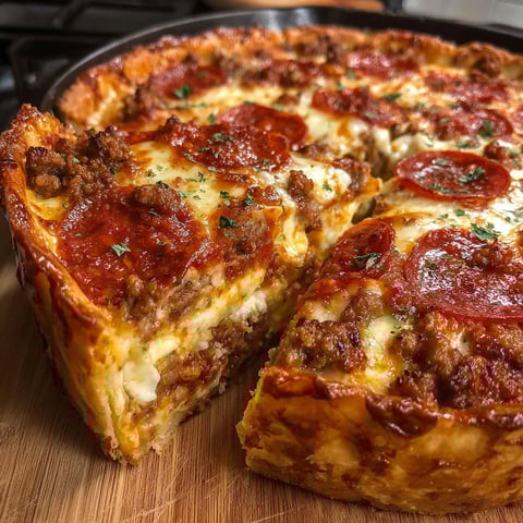 A slice of deep dish pizza.
