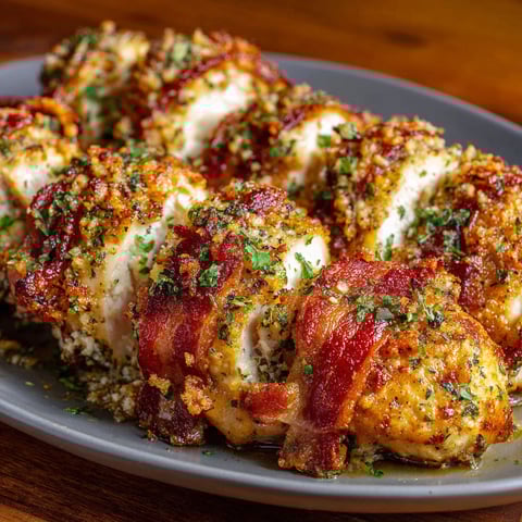 Bacon wrapped chicken with herbs.