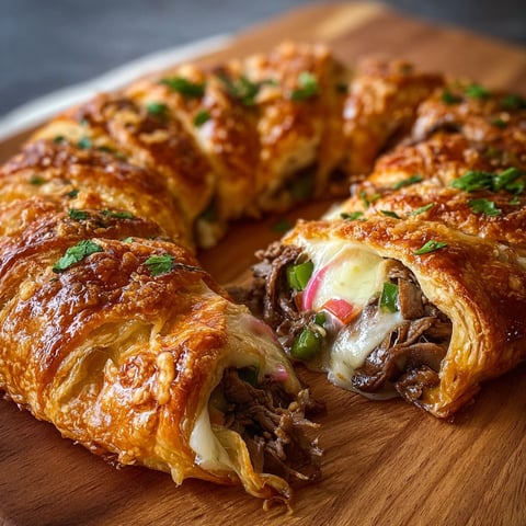 A Philly cheese steak sandwich on a wooden cutting board.