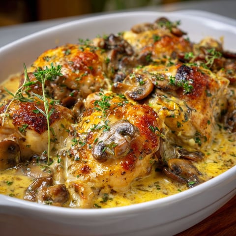 A bowl of chicken with mushrooms and herbs.