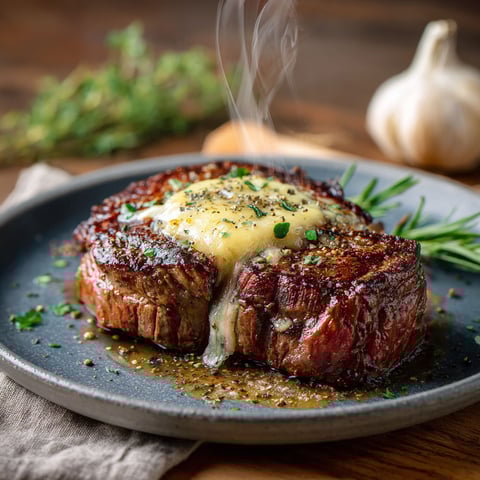 A piece of meat with cheese on top.