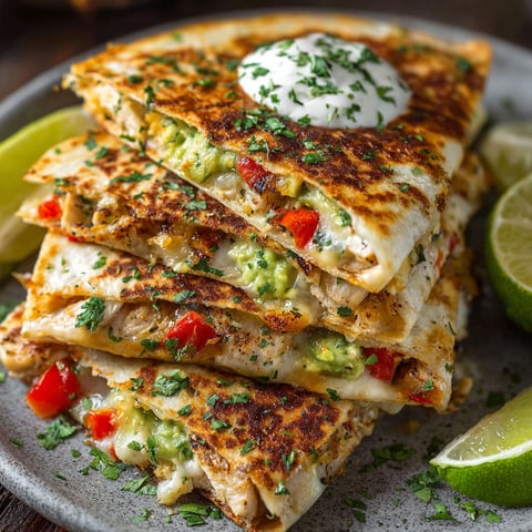A stack of chicken enchiladas with guacamole on top.