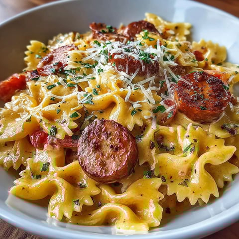 A bowl of pasta with sausage and cheese.