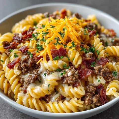 A bowl of pasta with cheese and bacon.