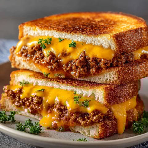 A grilled cheese sandwich with meat in the middle.