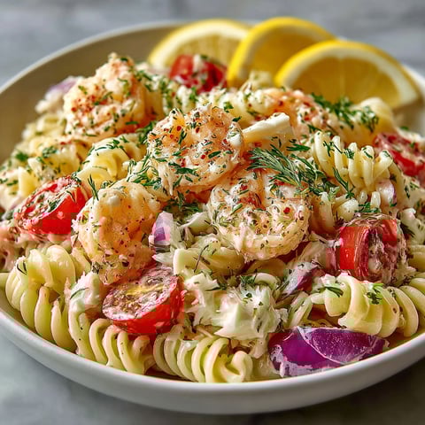 A bowl of pasta with shrimp and tomatoes.