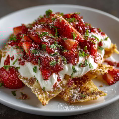 A plate of food with strawberries on top.
