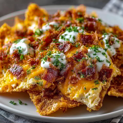 A plate of bacon and cheese covered chips.