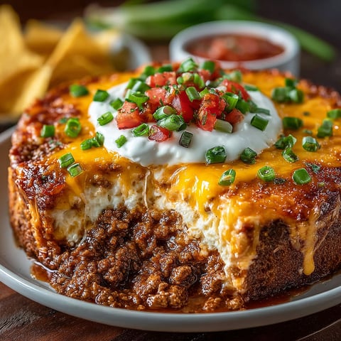 A meaty casserole with tomatoes and cheese on top.