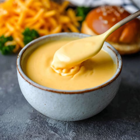 A spoon is in a bowl of creamy cheese sauce.