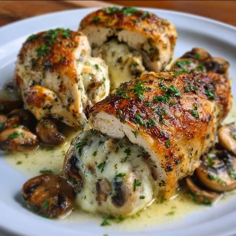 A plate of chicken with mushrooms and garlic butter.