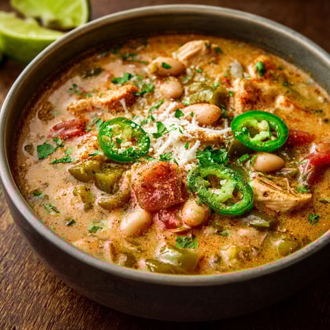 A bowl of Cajun White Chicken Chili.