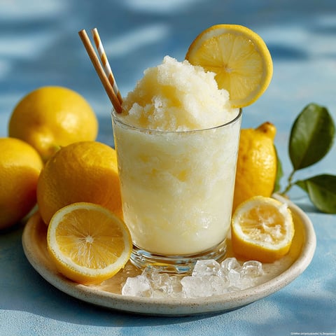 A glass of lemonade with lemon slices and a straw.