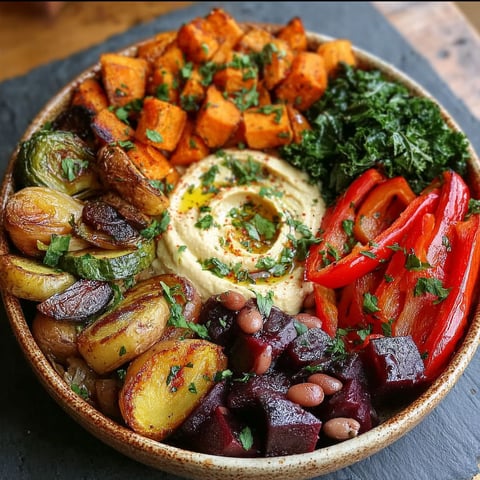 A bowl of roasted vegetables and hummus.
