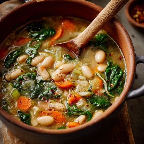 A bowl of soup with a spoon in it.