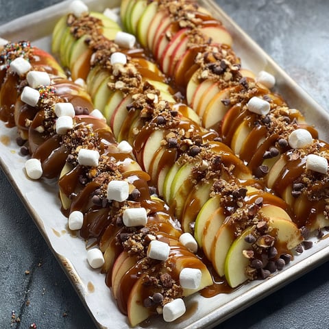 A pan of caramel apples with marshmallows on top.