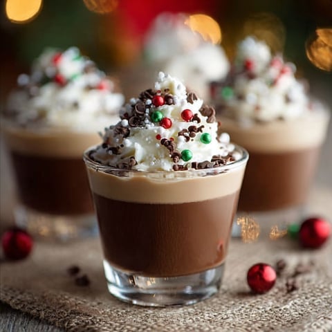 Three glasses of chocolate pudding with candy on the table.