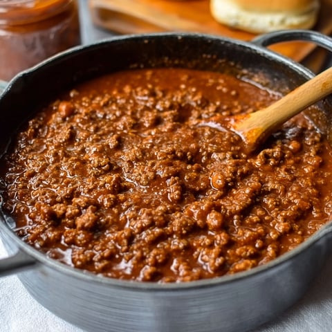 A pot of chili with a wooden spoon in it.
