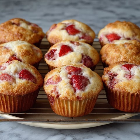 A tray of muffins with strawberries on top.
