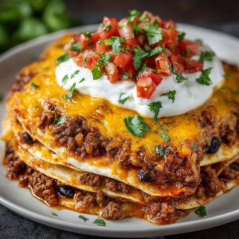 A stack of Mexican food with tomatoes and cheese on top.
