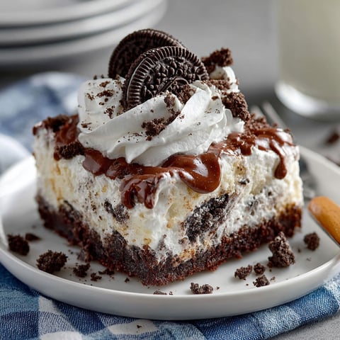 A slice of cake with Oreo cookies on top.