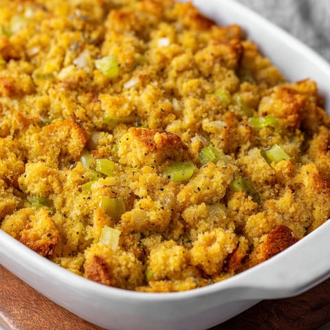 A white bowl filled with cornbread dressing.