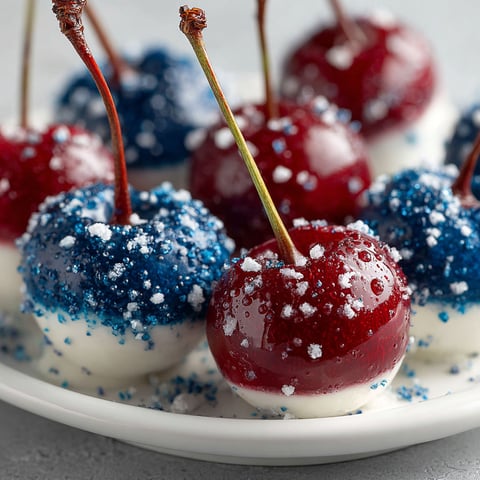 A plate of cherries with blue and red colors.