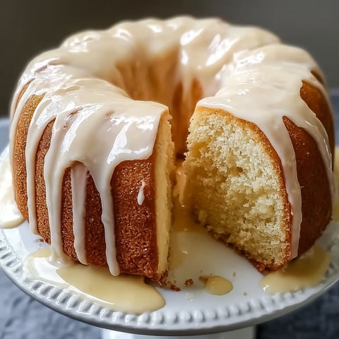 A slice of vanilla buttermilk pound cake with cream cheese glaze.