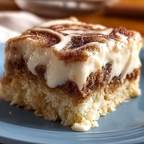 A slice of cinnamon roll poke cake.