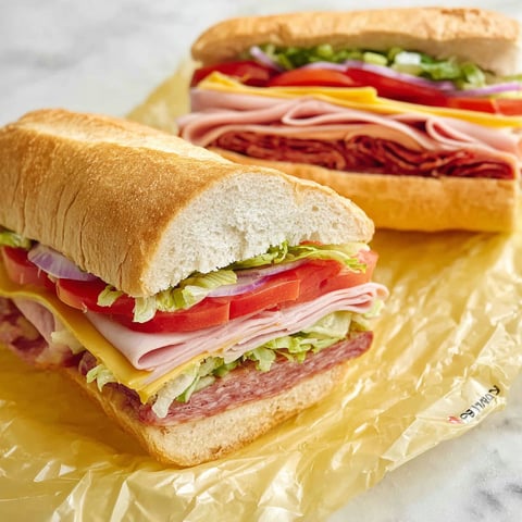 Two Kmart Sub Sandwiches with lettuce, tomato, and ham.