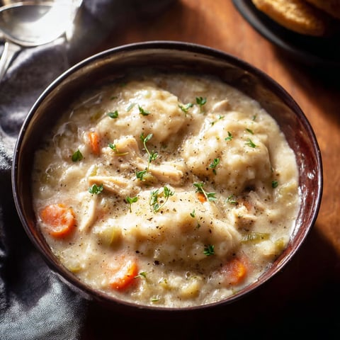 A bowl of chicken and dumplings.
