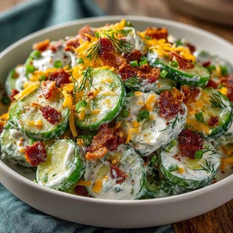 A bowl of food with cucumber and cheese.