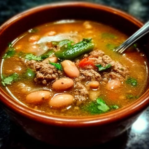 A bowl of soup with beans, green chili, and beef.