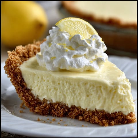 A slice of cream cheese lemonade pie with a dollop of whipped cream on top.