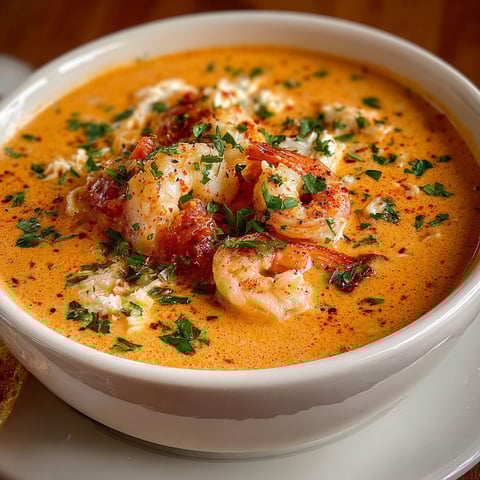 A bowl of creamy crab and shrimp bisque.