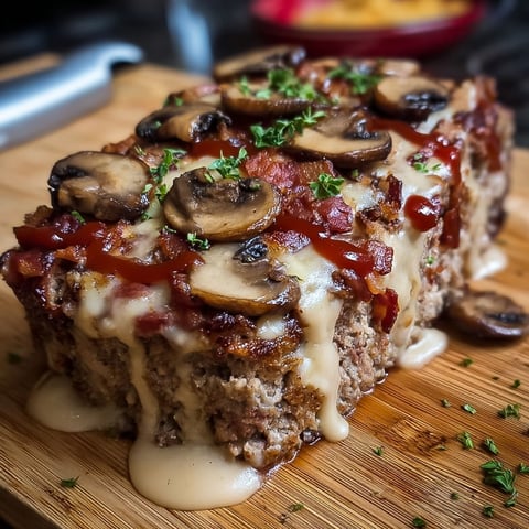 A slice of meatloaf with mushrooms and bacon.
