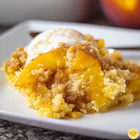 A slice of peach dump cake on a plate.