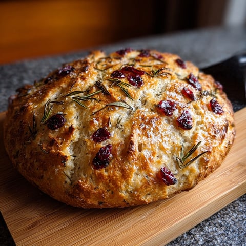 A loaf of bread with rosemary and cranberries.
