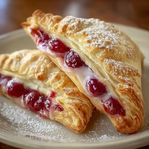 Two homemade cherry turnovers on a plate.