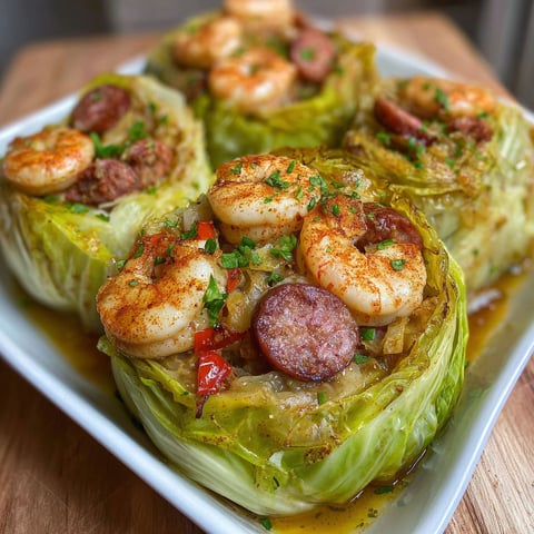 A plate of food with shrimp and sausage in a cabbage.